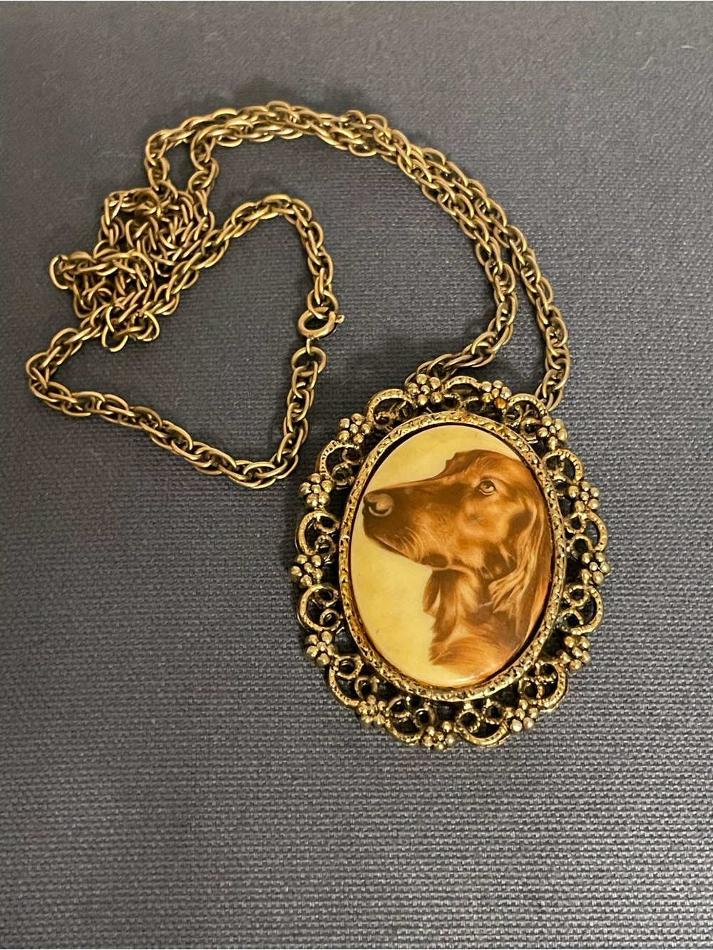Vintage Victorian Revival Gold-Tone Dog Portrait Pendant-Brooch Necklace